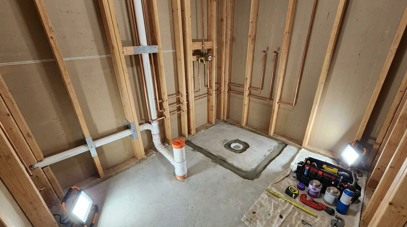 Bathroom rough-in plumbing during remodel by Johns Plumbing LLC in Baker City