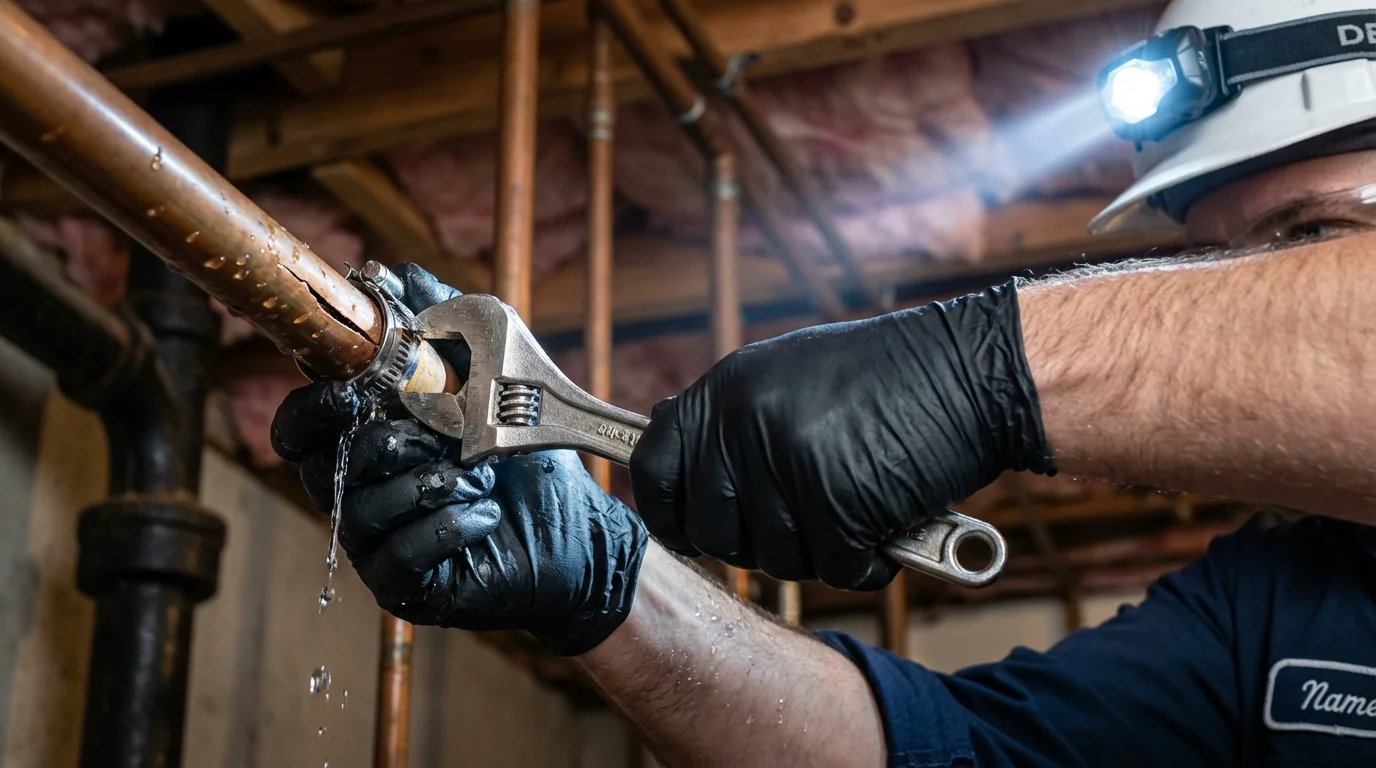 Emergency pipe clamp repair being performed by a Johns Plumbing LLC plumber in Baker City