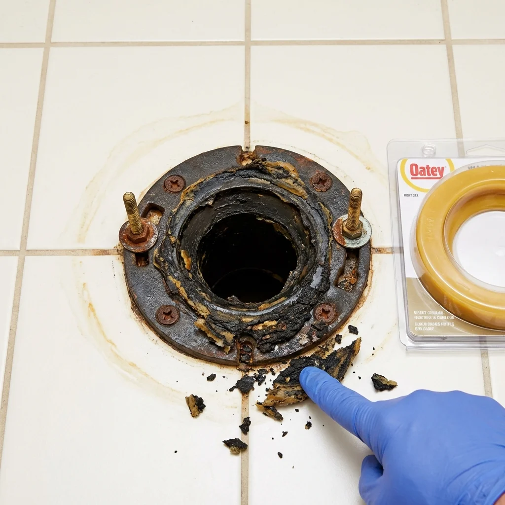 Failed wax ring showing water seepage at the base of a toilet in a Baker City, OR home