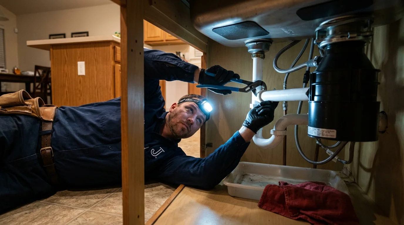 P-trap and supply line connections under a kitchen sink showing a common leak point in Baker City, OR